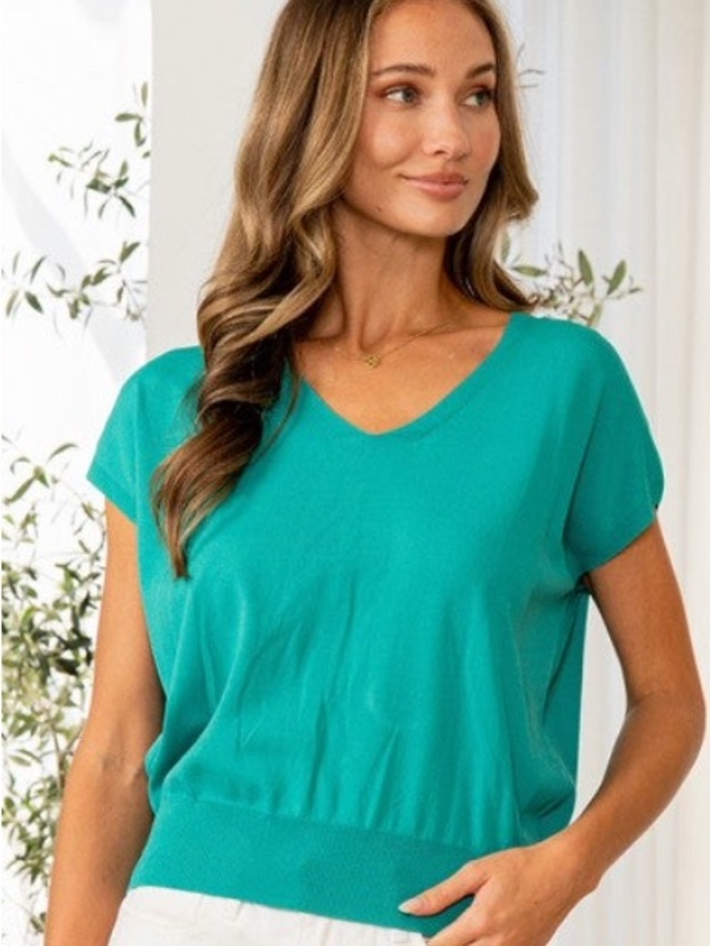 V-Neck Short Sleeve Sweater in Teal